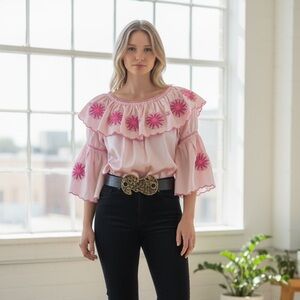 NEW Pink Satin Floral Ruffle Embroidered Luxury Blouse One Size